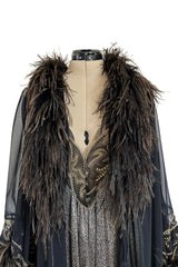 Dramatic 1980s Bob Mackie Chiffon & Gold Dress & Robe Set w Feather Trim