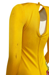 Early 1970s Bob Mackie Ray Aghayan Yellow Jersey Dress w Sequin Fruit