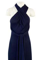 Important 1977 Halston Couture Navy Multi-Way Silk Jersey Plunge Dress w Extra Long Ties