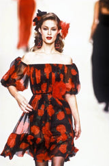 Documented Fall 1994 Yves Saint Laurent Silk Chiffon Off Shoulder Dress w Bold Red Rose Print