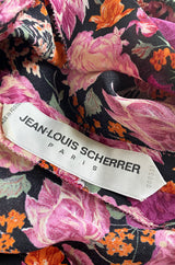 Pristine 1970s Jean-Louis Scherrer Haute Couture Pink Floral Print Silk Dress w Banded Waist