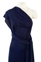 Important 1977 Halston Couture Navy Multi-Way Silk Jersey Plunge Dress w Extra Long Ties