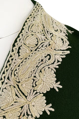 Wonderful 1920s Antique Hand Embroidered Crewel Deep Forest Green Wrap Robe or Coat