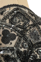 Stunning 1990s Valentino Black Silk Chiffon Dress w Sheer Beaded Net Bodice