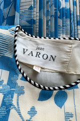 Prettiest 1960s Jean Varon Blue Floral Print Dress w Elaborate Pleating Detail