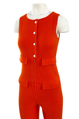 Rare 1970s Courreges Hyperbole Bright Orange Wool Jumpsuit & Matching Cropped Jacket