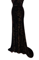 Documented Fall 2004 Richard Tyler Brown Printed Floral Velvet & Beaded Dress w Train & Plunge Back