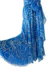 Extraordinary Fall 1979 Christian Dior by Marc Bohan Blue Silk Dress w Metallic Gold & Silver Detail