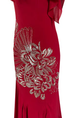 Incredible 2000s John Galliano Deep Red Bias Cut Dress w Silver Bead Detailing