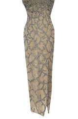 Exquisite 1985 John Anthony Nude Silk Chiffon & Net Dress w Silver Chain Rhinestones and Beads