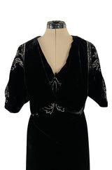 Rare 1920s 1930s Unlabeled Silk Velvet Dress w Rhinestones & Matching Open Shoulder Jacket