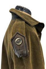 Documented Fall 1978 Yves Saint Laurent Slouchy Olive Corduroy 'Trench' Coat w Leather Trim