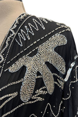 Sexy 1982 Fabrice Simon Black Densely Beaded Silk Chiffon Dress w Plunge Front