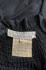 Gorgeous 1970s Givenchy Black Silk Crepe Jersey Dress w Gathered Neckline & Pouf Sleeves