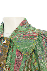 Rare 1973 Bill Gibb Museum Documented Metallic Green Lurex Skirt Top and Jacket Set