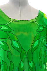 Phenomenal Early 1970s La Mendola Green Silk Jersey Caftan Dress w Silk Chiffon Overlay