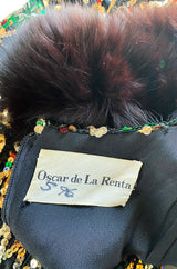 Late 1960s Oscar De La Renta Gold Sequin & Huge Paillettes Detailed Dress w Mink Cuffs