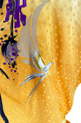 Extraordinary 1970s Holly's Harp Hand Painted Silk Multi-Wear Dress w Metallic Accents & Applique