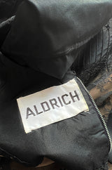 Gorgeous 1970s Larry Aldrich Black Silk Tafetta Dress w Illusion Nude Lace Panels