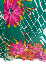 Documented 1973 Scott Barrie Pink & Green Floral Backless Silk Chiffon Dress