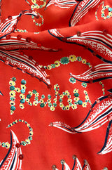 Rare 1930s 1940s Hawaiian Novelty Print Sarong & Halter Set w Fused Sequins