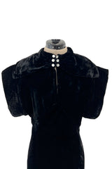 Stunning 1930s Black Silk Velvet Bias Cut Dress w Top Stitched Sleeves & Silver Glitter Buttons