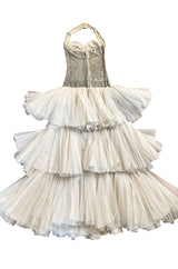 Rare Late 1920s Early 1930s Howard Greer Silver Beaded Halter Dress w Silk Tulle Net Tiered Skirt