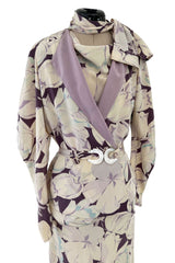 Rare Dated 1934 Bias Cut Soft Purple and Ivory Floral Print Silk Dress & Jacket w MOP Belt
