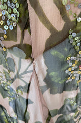 1980s Oscar de la Renta Sequin Detailed Trained Floral Silk Chiffon Dress