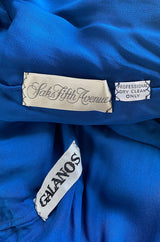 Dreamy 1970s James Galanos Blue Brown & Green Silk Dress w Ruffled Waist & Metallic Gold Trim