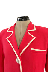 1980s Valentino Textured Wool Long Cut Jacket & Skirt Set in a Vivid Coral w Cream Trim