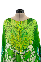 Phenomenal Early 1970s La Mendola Green Silk Jersey Caftan Dress w Silk Chiffon Overlay
