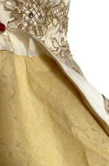 Incredible 1950s Ceil Chapman Ivory Silk Satin Dress w Gold Metal Ribbon Detailing