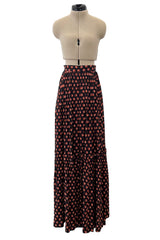 Incredible 1970s Givenchy Demi-Couture Pinecone Print Ruffle Skirt & Peaked Shoulder Top Set