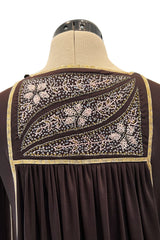 Museum Held 1970s Bill Gibb Deep Brown Liquid Jersey Dress w Metal Buttons & Extensive Beading