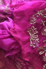 c1969 Thea Porter Couture Gold Brocade & Silver Metal Embroidered Fuchsia Dress