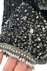 Gorgeous 1983 Halston Beaded Black Silk Chiffon Skirt & Jacket Set w Balloon Sleeves