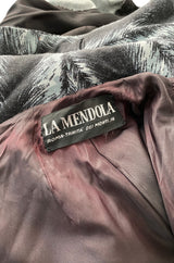 1960s La Mendola Grey Toned Feather Print Dress Cape & Turban Set