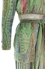 Rare 1973 Bill Gibb Museum Documented Metallic Green Lurex Skirt Top and Jacket Set
