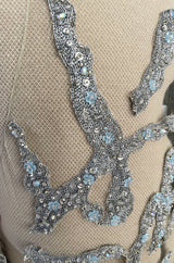 Exquisite 1985 John Anthony Nude Silk Chiffon & Net Dress w Silver Chain Rhinestones and Beads
