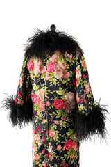 Gorgeous 1950s Fused Chenille Flowers on Silk Dress w Ostrich Feather Trim Jacket