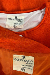 Rare 1970s Courreges Hyperbole Bright Orange Wool Jumpsuit & Matching Cropped Jacket