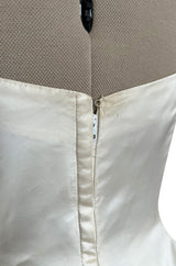 Gorgeous 1950s Emma Domb Ivory Matte Satin Dress w Sequin & 3D Flower Detailing