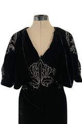 Rare 1920s 1930s Unlabeled Silk Velvet Dress w Rhinestones & Matching Open Shoulder Jacket