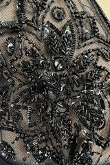 Stunning 1990s Valentino Black Silk Chiffon Dress w Sheer Beaded Net Bodice