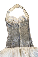 Rare Late 1920s Early 1930s Howard Greer Silver Beaded Halter Dress w Silk Tulle Net Tiered Skirt