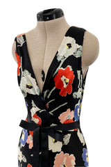 Beautiful 1930s Bias Cut Heavy Silk Satin Floral Print Dress w Scalloped Edged Jacket