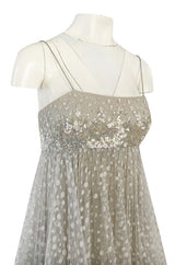 1970s Unlabeled Alfred Bosand Sequin Bodice Dotted Silk Net Dress W Matching Cape Overlay