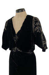 Rare 1920s 1930s Unlabeled Silk Velvet Dress w Rhinestones & Matching Open Shoulder Jacket