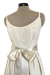 Incredible 1970s Mollie Parnis Ivory Silk Moire Halter Dress w Matching Feather Trim Jacket